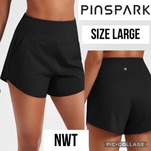 NWT PINSPARK Womens Shorts Black Athletic High Waist Running 3.5” Inseam Size L